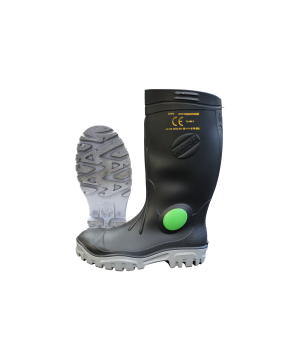 Heavy duty gumboot steel toe cap- steel mid sole - green dot- black/grey